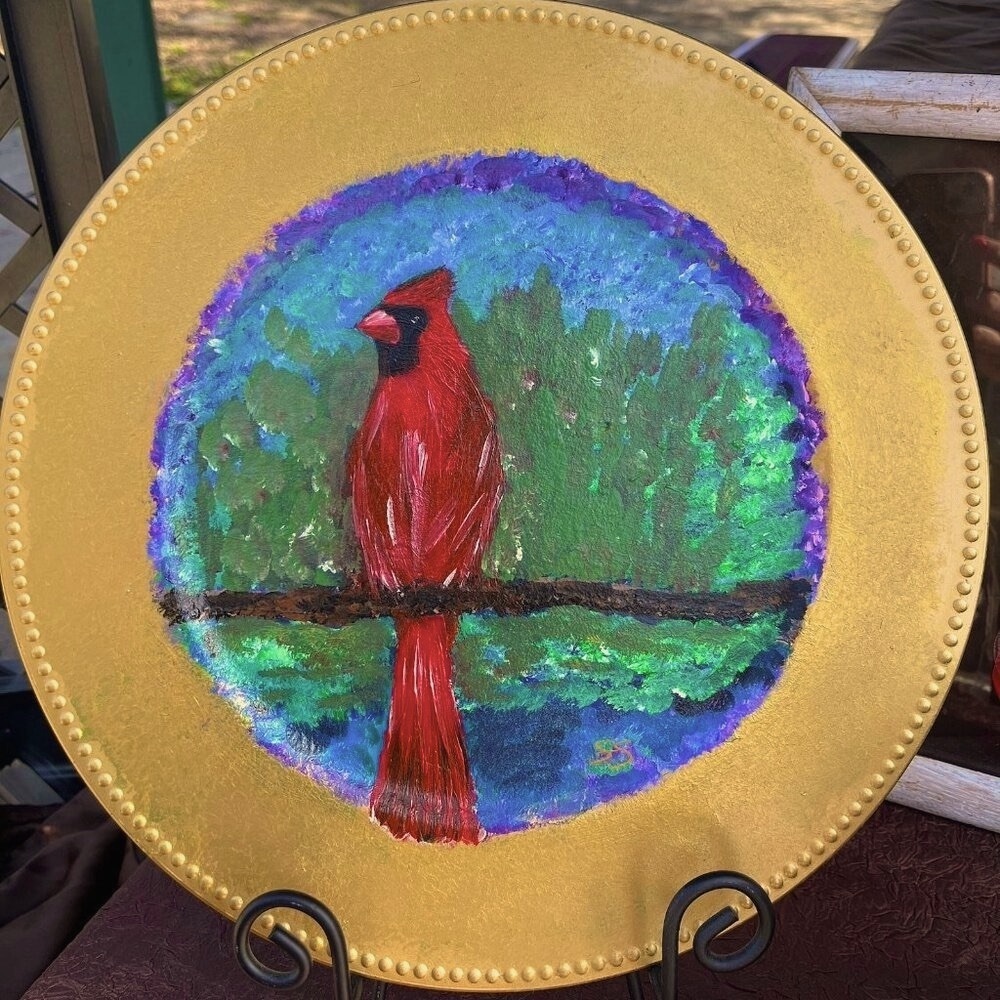 Hand painted original cardinal on decor plate